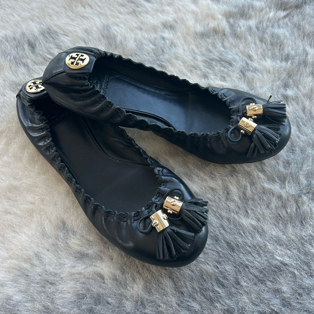 Black leather gold detail Tory Burch flats